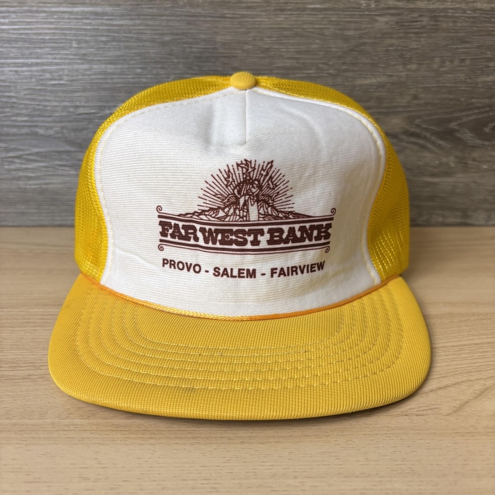 VINTAGE Far West Bank Hat Cap Snap Back Mens One Size Trucker Foam Utah 80s